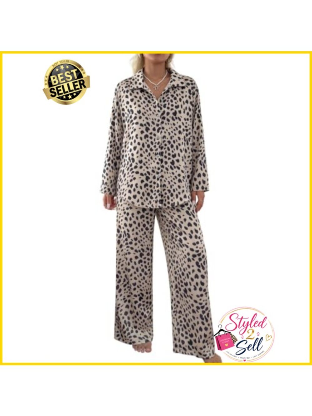Satin Pajama Set Cheetah Print Button Down Long Sleeve Sleepwear